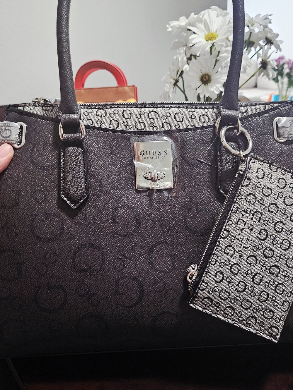 GUESS Black and Grey Signature Tote with Matching Pouch
